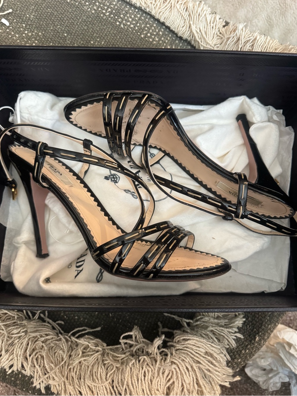 Prada Black Patent Strappy Stiletto Sandals